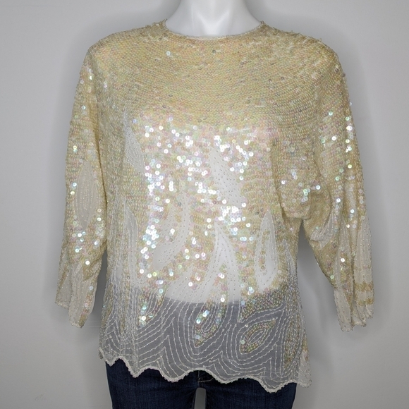 Vintage off white fully sequined & beaded 1/2 sleeve top S/M - Picture 1 of 10